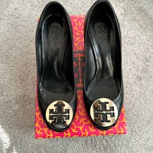 Tory Burch Black Wedges with Gold Logo